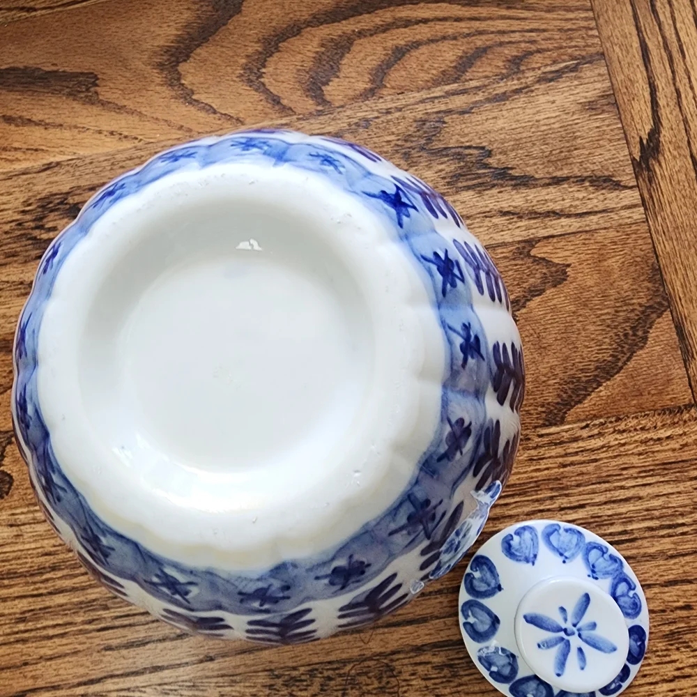 Vintage Porcelain Blue White Flow Round Asian Melon Ginger Jar Lid Chinoiserie - Picture 6 of 7
